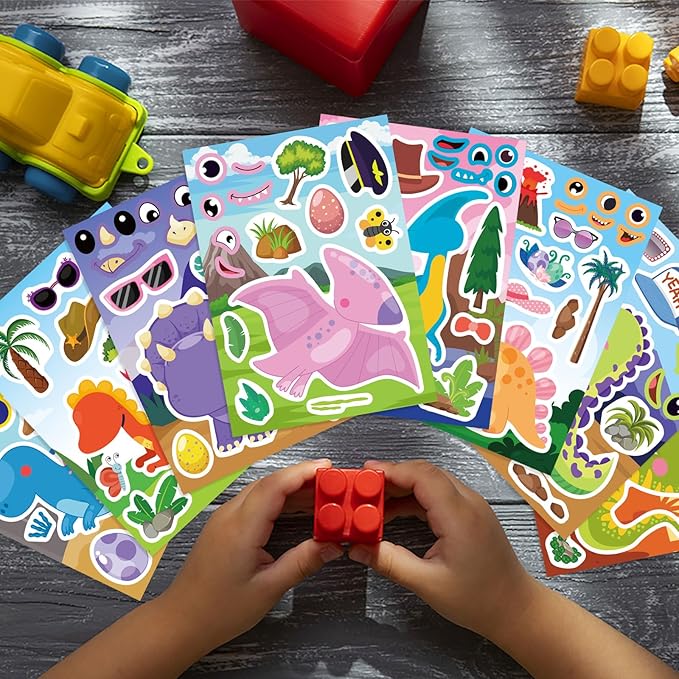 24 Sheets Dinosaur Stickers, Make Your Own Dino Stickers for Kids Boys Girls Toddlers, Make a Face Stickers Dinosaur Theme Birthday Party Favor Supplies, Teacher Reward Stickers