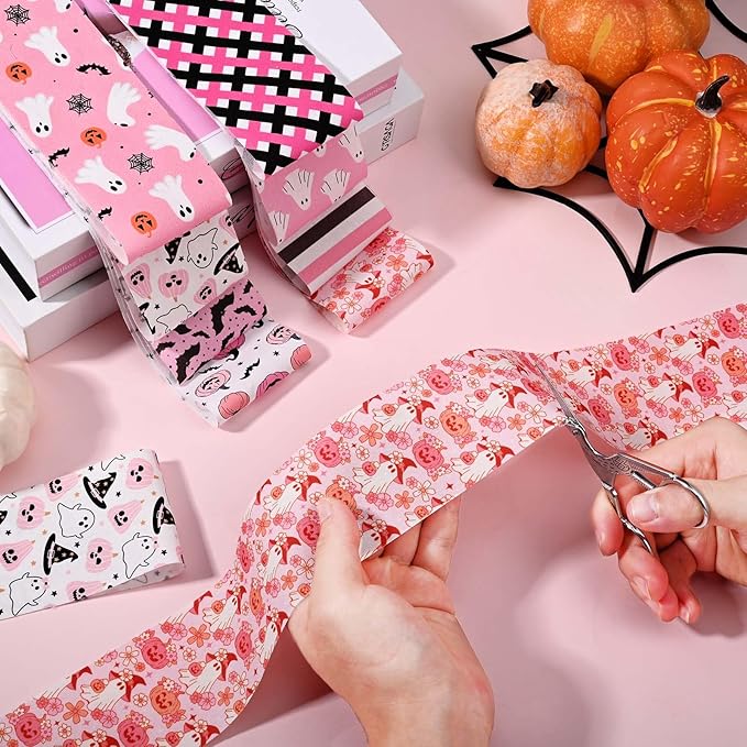 40Pcs Pink Halloween Cotton Jelly Fabric Strips Pumpkin Ghost Bat Fabric Strips for Quilting Crafting Precut Patchwork for Halloween Sewing DIY Crafts Decor