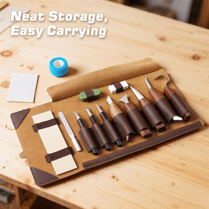 Housolution Wood Carving Kit with Leather Case, 24PCS Wood Carving Tools Whittling Kit Includes Carving Knives Carving Chisels Basswood Blocks Spoon Gloves, Woodworking Tools for Beginners DIY Hobbies