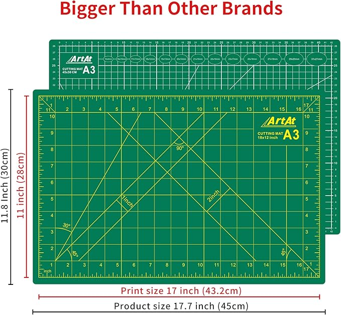 ArtAt Self Healing Cutting Mat: 12″x 18″ Green Double Sided Non-Slip 5 Layers PVC Durable Craft Sewing A3 Mat for Rotary Cutter, Use for Quilting and Scrapbooking and Craft & Art Projects…