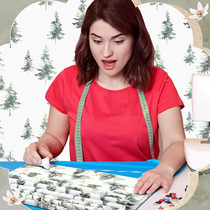 HunnmingRe 20 Pcs 10''x10'' Watercolor Forest Quilting Fabric Square Vintage Green Quiltted Fabric Bundle Christmas Tree Reindeer Precuts Printed Patchwork Supplies for Holiday DIY Sewing Craft