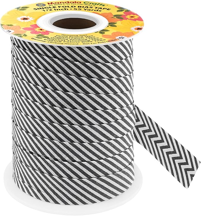 Mandala Crafts 1/2 Inch Single Fold Bias Tape for Sewing, Quilting, Piping, Hemming, Blanket & Quilt Binding – 55 Yards Black White Plaid Fabric Seam Binding Tape