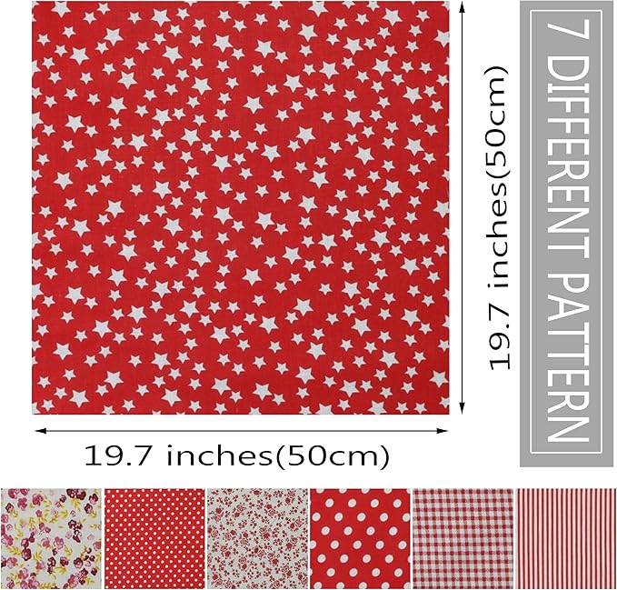 7PCS/lot Red Series Floral Cotton Fabric Quilting Patchwork Fabric Fat Quarter Bundles Fabric for Scrapbooking Cloth Sewing DIY Crafts Handmade Bags Pillows 19.7X19.7inches