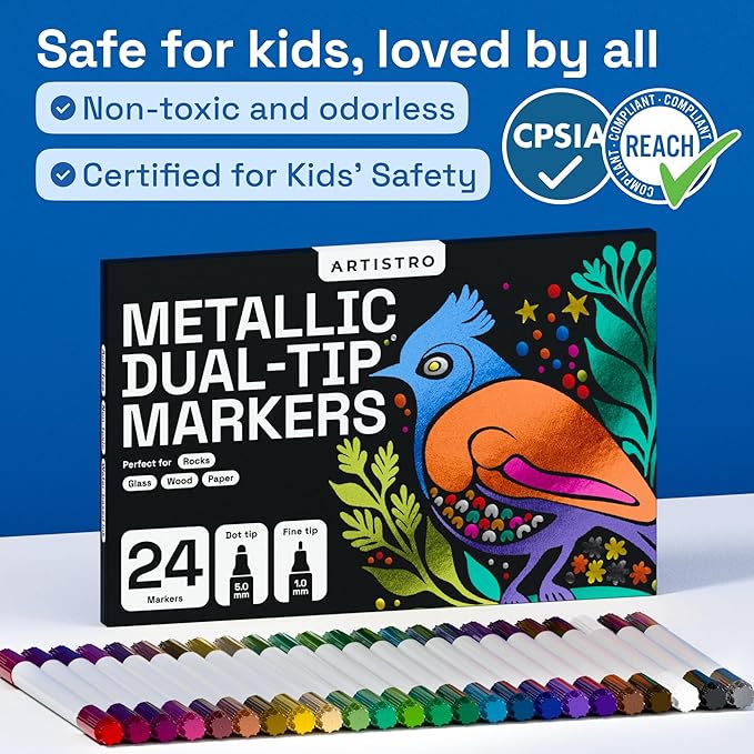 ARTISTRO 24 Metallic Acrylic Paint Markers for Rock, Fabric, Wood, Glass, Craft, Decoration - Dual-Tip Paint Pens - Stocking Stuffers, Christmas Gift Idea for Teens, Grandkids, Kids - Art Supplies
