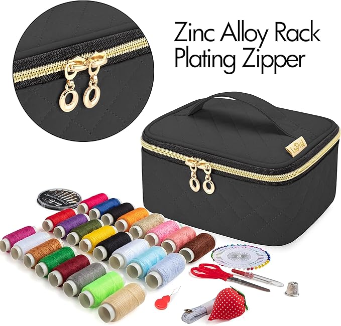 LoDrid Sewing Kit, Portable Flannel Bag with Complete Sewing Supplies for Travel & Home, Sewing Repair Kit Tools for Adults & Beginners, 24 Color Threads, 30 Needles & Sewing Accessories, Black