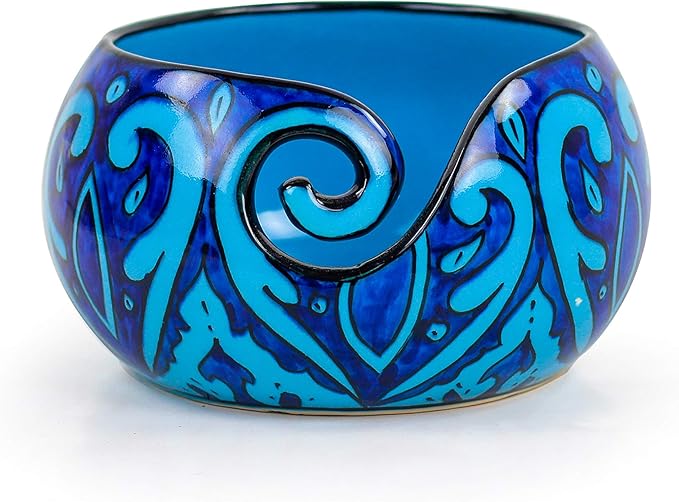 Nagina International Ceramic Attractively Hand Painted Gorgeous Stoneware Yarn Ball Storage Bowl With Innovative Dispensing Curl | Knitting & Crochet Accessions (Large, Deep Water Blue)