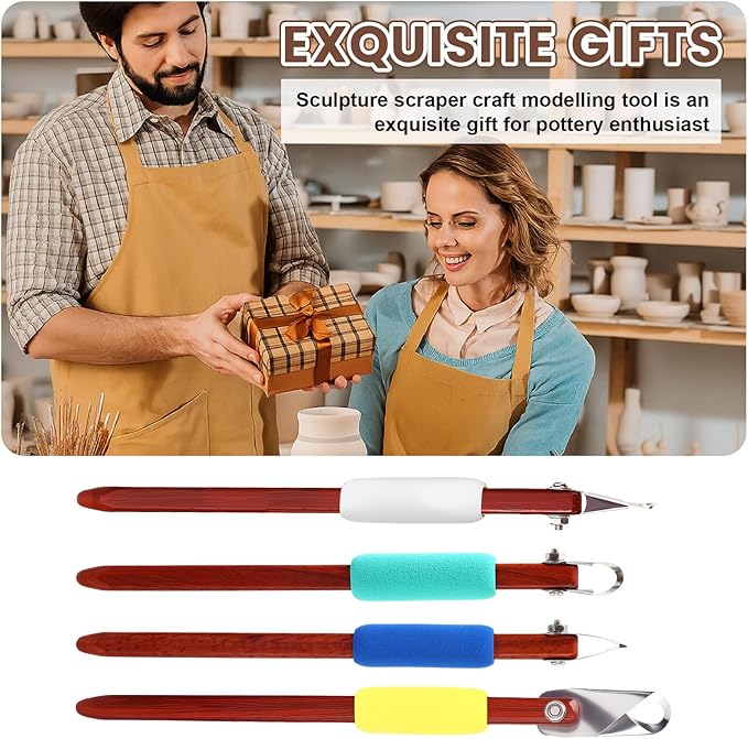 Lanties 4 Pcs Pottery Carving Tool Set Sculpture Scraper Craft Modelling Tools Red Pear Wood Texture Handle with Stainless Steel Blade for Clay Carving, Ceramic Sculpting, Graffito (Classic Color)