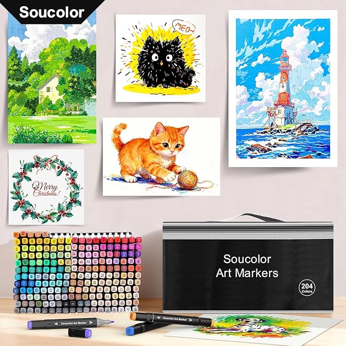 Soucolor Alcohol Markers 262 Colors with Case & Holders, Dual Tips Chisel & Fine Art Markers for Adult Coloring Kids Drawing, Artist Markers Art Supplies for Blending Sketching