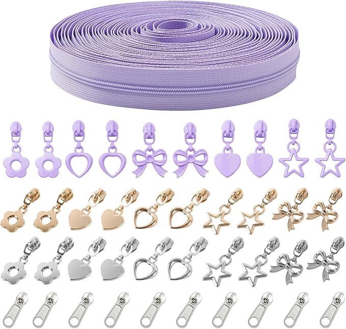 Mylbeter #3 Nylon Coil Zippers by The Yards Purple Bulk Zippers 10 Yards with 40PCS Sliders Continuous Zipper Tape for DIY Bag Clothing Sewing Crafts Gold Pull Sliver Slider Zipper for Bags and Purses