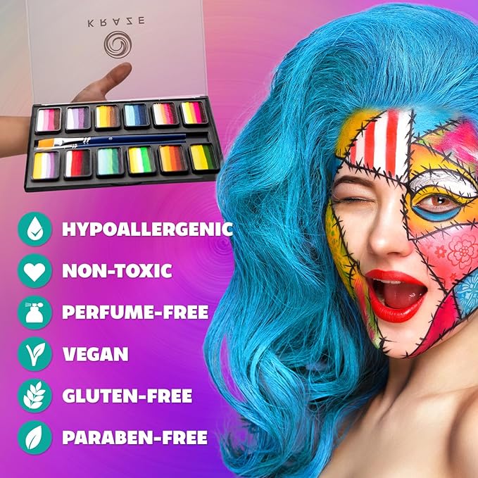 Kraze FX Professional Face Painting Split Cake Palette, Water Activated, Hypoallergenic, Safe, Non Toxic Halloween Party Makeup Face Paint Kit for Kids & Adults (Flower Bouquet)