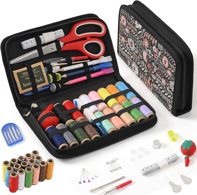 Sewing Kit for Adults, Needle and Thread Kit for Sewing, Sewing Supplies Accessories with Tailor Scissors, Sewing Thread, Needles and More for Home Travel and Emergency (Black - Large)