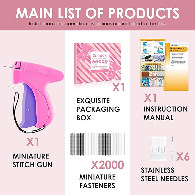 Stitch Gun for Clothes - Handheld Stitch Tag Gun Quick Clothing Fixer - Mini Sewing Kit Micro Tagging Gun - Includes 6 Needle, 1000 Black Fasteners & 1000 White Fasteners (Pink-Purple)