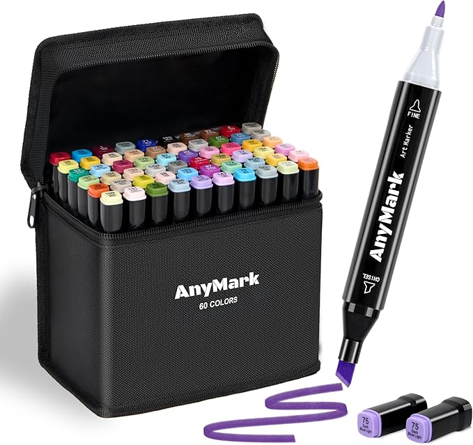 AnyMark Alcohol Markers, 60 Colors Dual Tip Art Coloring Markers Set for Adult Book Drawing Sketching Painting, Chisel & Fine, Black Penholder