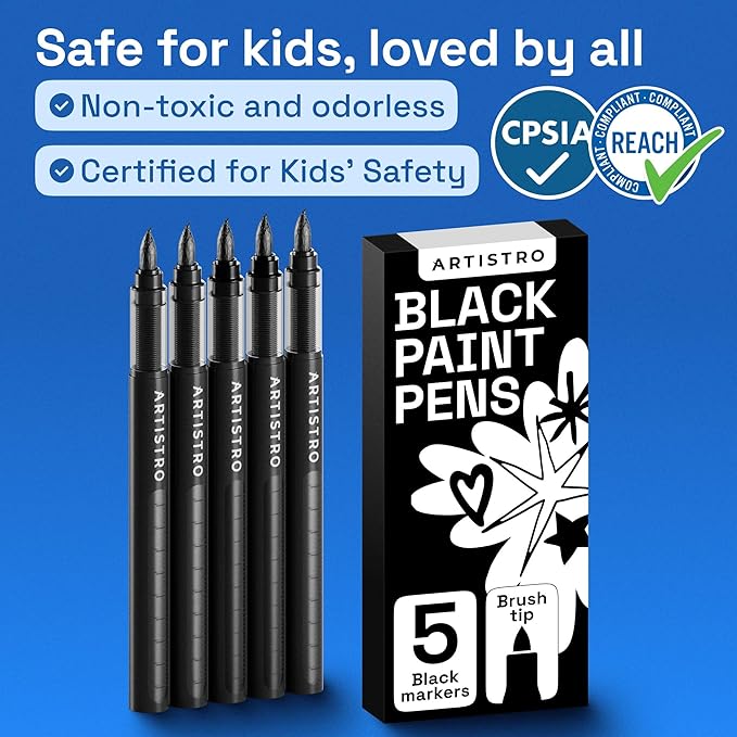 ARTISTRO 5 Black Paint Pen for Glass Marking, Rock Painting, Ceramic, Wood, Tire, Fabric, Metal, Canvas - Set of 5 Acrylic Paint Markers Water-based - Brush Tip with Automatic Ink Control System
