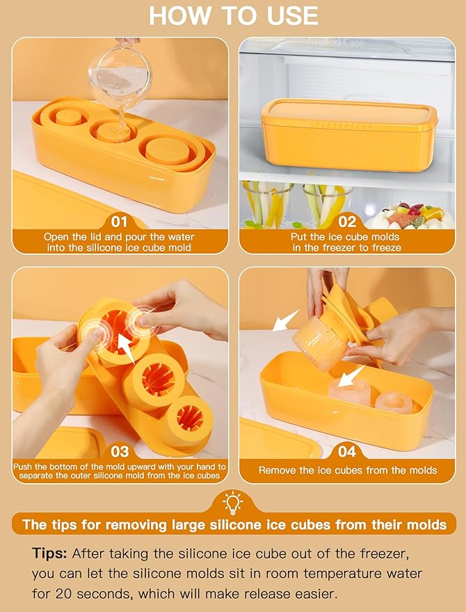 Ice Cube Tray for Tumbler Cup 30Oz-40Oz, 3 Pcs Silicone Cylinder Ice Mold with Lid and Bin for Freezer, Easy Fill and Release Ice Maker for Whiskey, Cocktail BPA-Free (Yellow, 40Oz-Type1)