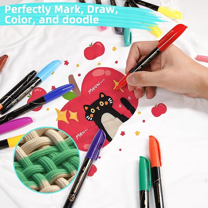 Art+soul Fabric Markers 20 Colors: No-Iron, Air-Dry Overnight for Color Fix, Color-Lasting. 10+ Machine Wash-Resistant. Great for T-Shirts, Textiles, Canvas Bags & Shoes