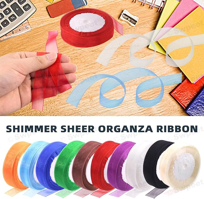 Swpeet 2 Rolls 50 Yards x 1 Inch Orange Shimmer Sheer Fabric Ribbons Organza Ribbon, Transparent Sheer Ribbon Chiffon Fabric Ribbons for Bouquets Wedding Birthday Decoration