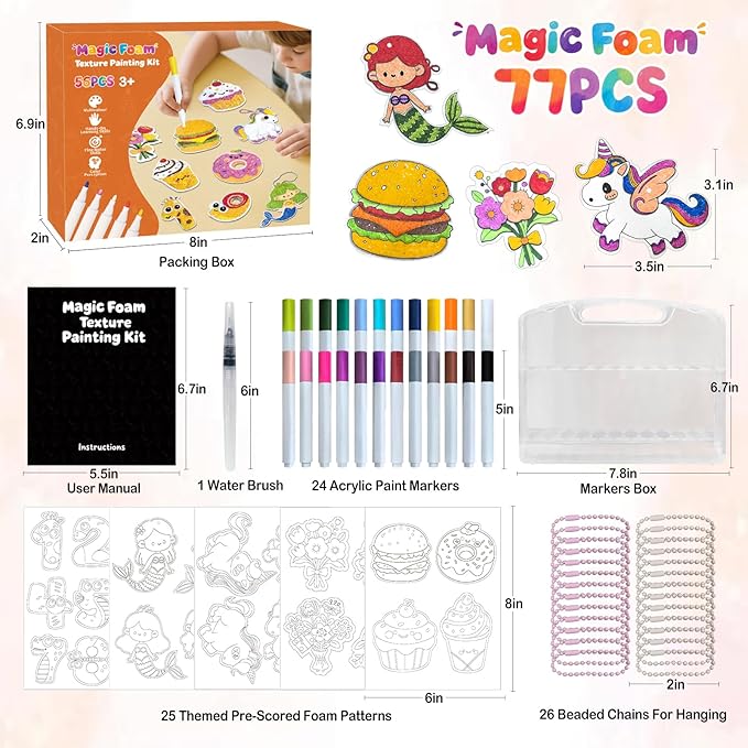 Dibetoy 77Pcs Magic Foam Texture Painting Kit for Kids - DIY Art Drawing with Puffy Paint, Includes Pre-Cut Foam Craft Patterns & 24 Colors Acrylic Paint Markers