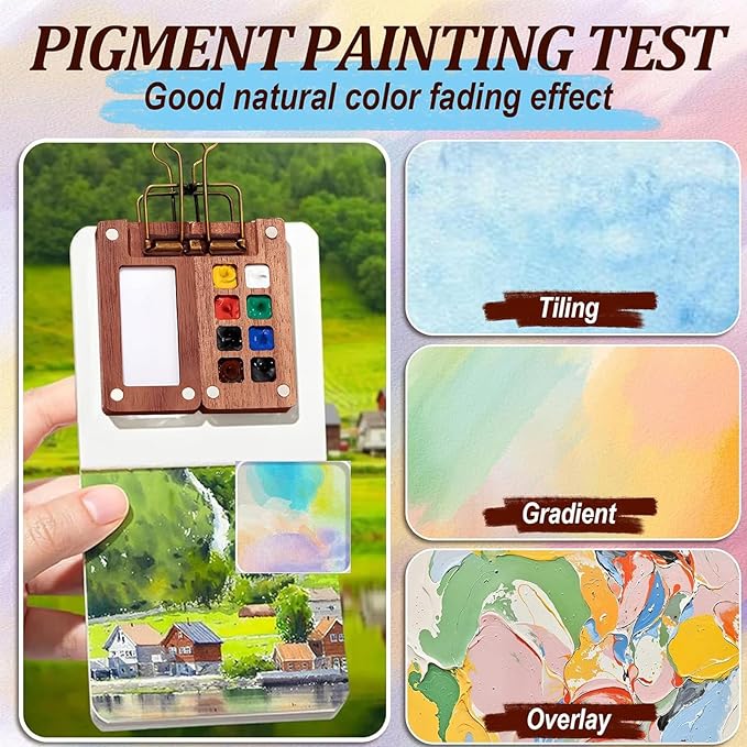 Mini Watercolor Travel Set, 2026 New Portable Pocket Artist Watercolor Paint Set with Picture Book, Wooden Paint Palette for Painters, Artists, and Students (8 Grids with 12 Color Paints)