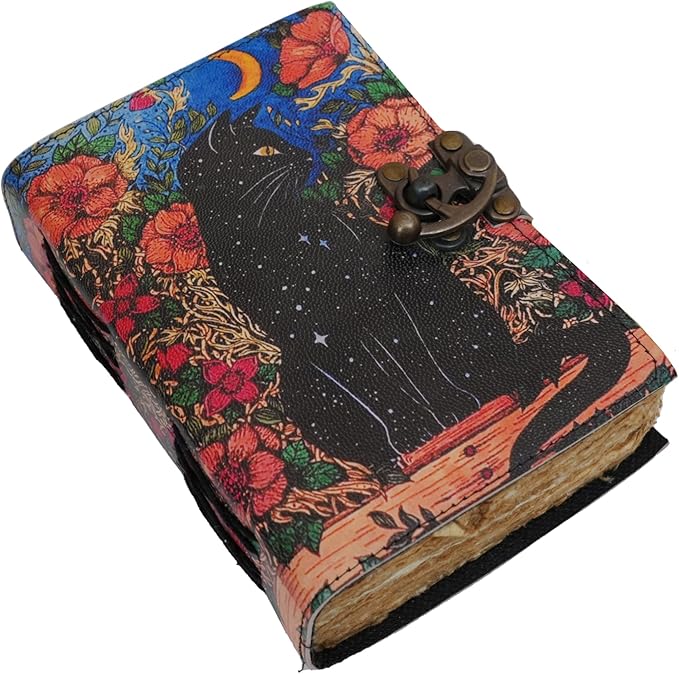 Blank Spell Book of Shadows Grimoire Journal Magic Cat Printed Witchcraft Supplies Witch Wiccan Notebook Handmade Vintage Deckle Paper Leather Sketchbook, Great Gifts 7x5 inches