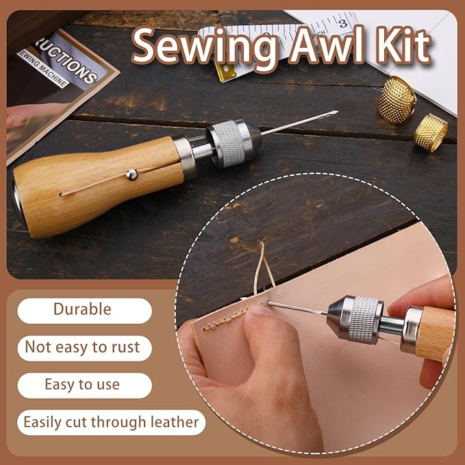 Sewing Awl Kit, Portable Tool Stitching Leather Sewing Thread, Waxed Thread Kit for DIY Leather Sewing Repair Craft