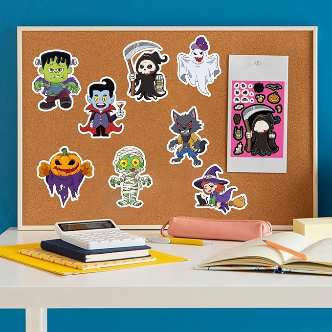 24 Sheets Halloween a Make Face Sticker – Monster Pumpkin Ghost Vampire Witch Mummy Vinyl Feature Stickers for Scrapbooking, Journaling, Collage & Seasonal Decor