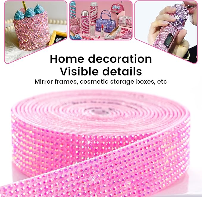 Novani Self Adhesive Rhinestone Ribbon, 0.78 Inch Wide 3 Yards 1 Roll, Hot Pink AB Crystal Diamond Bling Strips for DIY Crafts, Glitter Resin Rhinestones for Crafting, Car Decoration