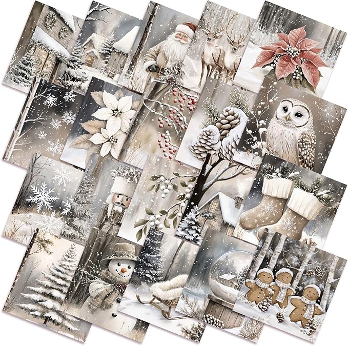 20 Pcs 10''x10'' Beige Winter Quilting Fabric Square Neutral Christmas Precut Quilted Fabric Reindeer Snowman Nutcracker Gingerbread Man Printed Patchwork for Xmas DIY Sewing Crafts