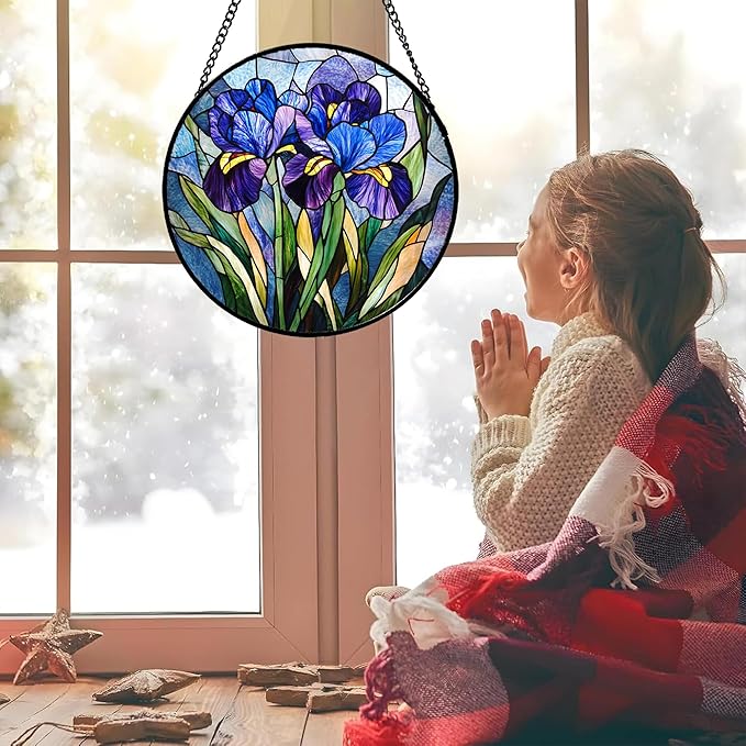 Stained Glass Window Hanging - Blue Purple Iris Flower Suncatcher for Door Garden Patio Sun Catchers Decor Christmas Mother's Day Birthday Gifts for Women Men Mom Nana Aunt Friend 11.8 in