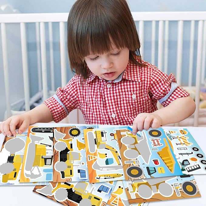 24 Sheets Make Your Own Construction Vehicle Stickers for Kids Boys, Make-a-Face Engineering Vehicles Fire Trucks Excavator for Construction Themed Party Favors