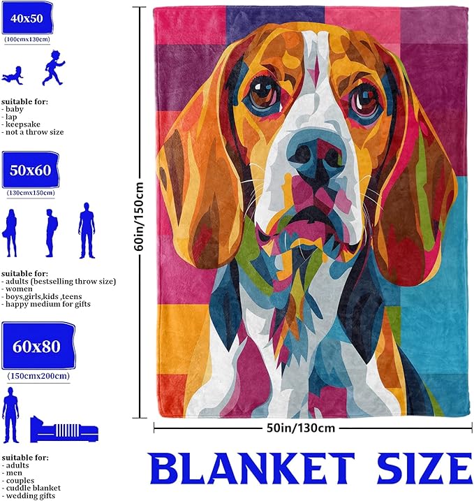 Colorful Beagle Dog Throw Blanket for Boys Girls Kids Adults Women, Fuzzy Warm Soft Cozy Flannel Blankets Gifts for Bedroom, Couch, Travel, Home Decor 50x60 in