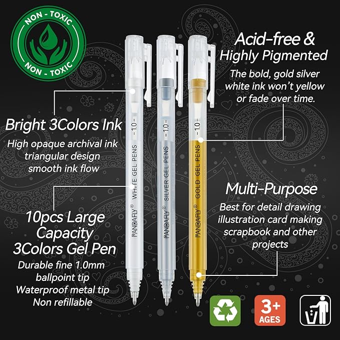 PANDAFLY Gold Silver White Gel Pens, 10 Pack, 1mm Extra Fine Point Gel Ink Pen, Opaque White Archival Ink Pens for Black Paper Drawing, Sketching, Card Making