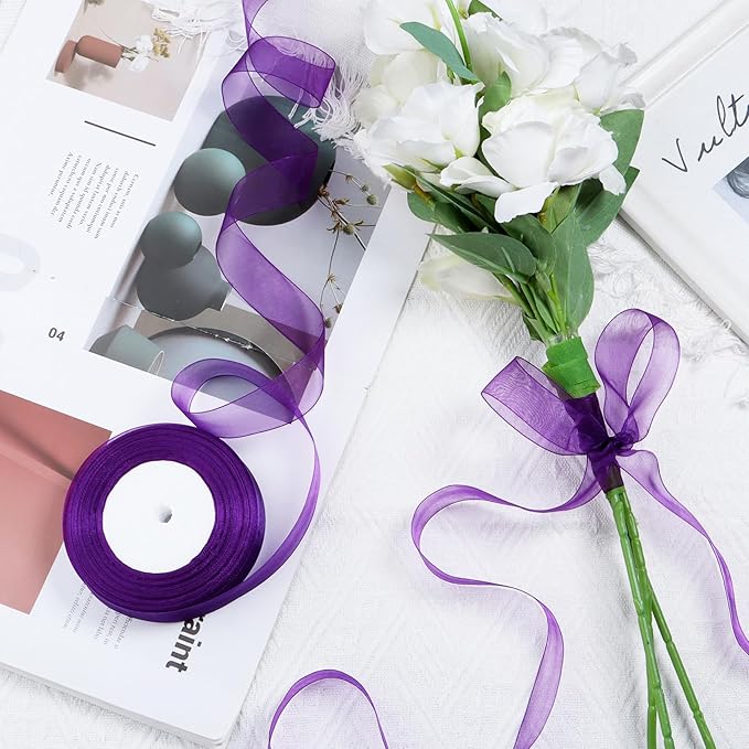 Purple Ribbon for Gift Wrapping 3/8 inch Sheer Organza Ribbon for Flower Bouquet Tulle Chiffon Ribbons for Wedding Invitations Christmas Halloween Decorations Crafts 50 Yards