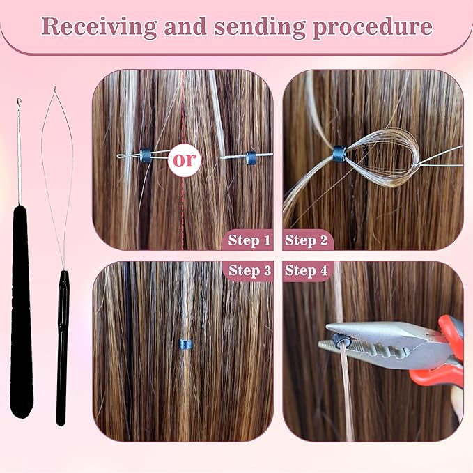 Sew in Hair Extensions Kit, Microlink Tool Kit with 600 Silicone Nano Microbeads, 1 Extension Plier, 3 Rolls of Sewing Thread, 2 Hair Pulling Loops, 10 Crochet Hooks, 4 Clips, 1 Comb, 200 Rubber Bands