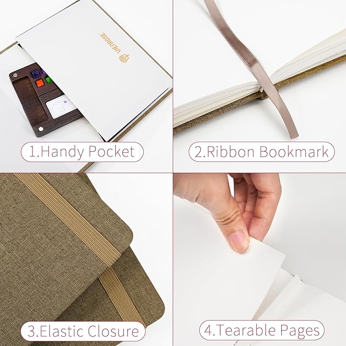 Vienrose Watercolor Sketchbook, 5.5"x5.5" Watercolor Journal with 24 Sheets 140 LB (300 GSM) Cotton Watercolor Paper, Brown Linen Cover Water Coloring Sketch Book As Travel Notebook On The Go