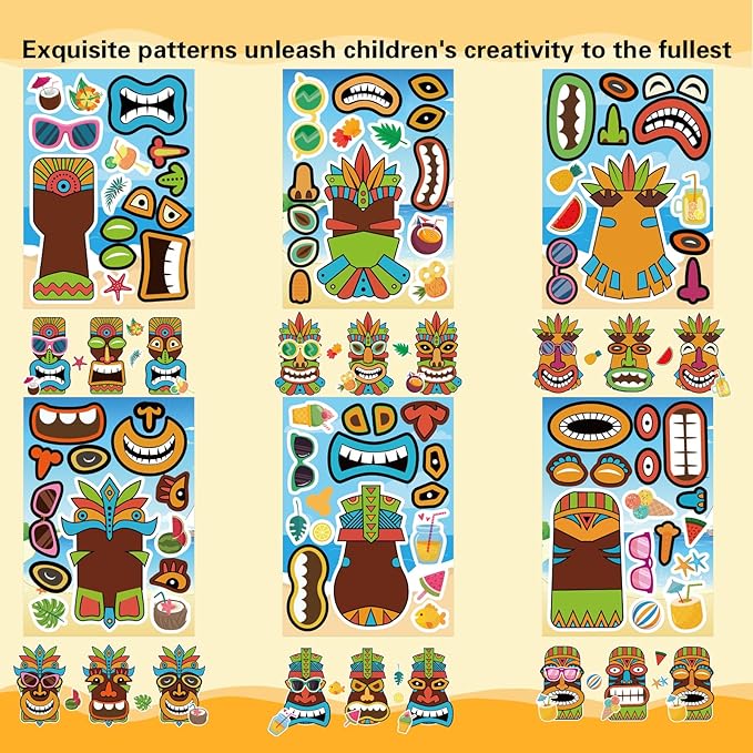 24 Sheets Summer Stickers, Make a Tiki Face Sticker, Tropical Hawaiian Stickers Make Your Own Tiki Sticker for Kids Summer Luau Party Favors Decoration