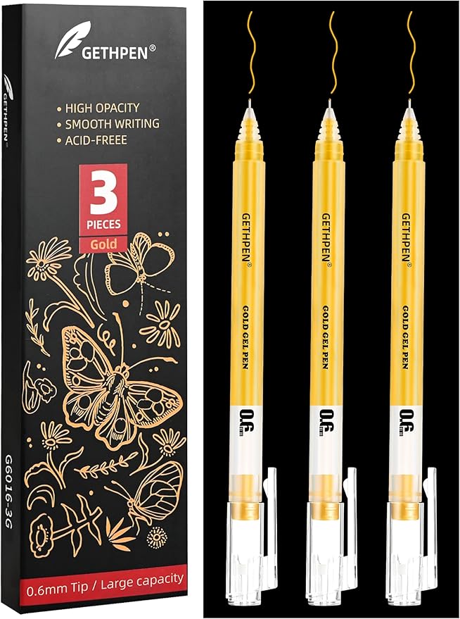 0.6mm Fine Point Gold Gel Pens, 3-Pack for Artists Drawing on Black Paper, Sketching, Adult Coloring Books & Holiday Crafts