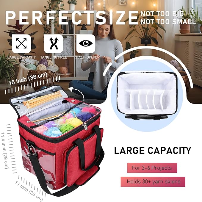 Hoshin Knitting Bag for Yarn Storage, High Capacity Yarn Totes Organizer with Inner Divider Portable for Carrying Project, Knitting Needles(up to 14”), Crochet Hooks, Skeins of Yarn (Red)