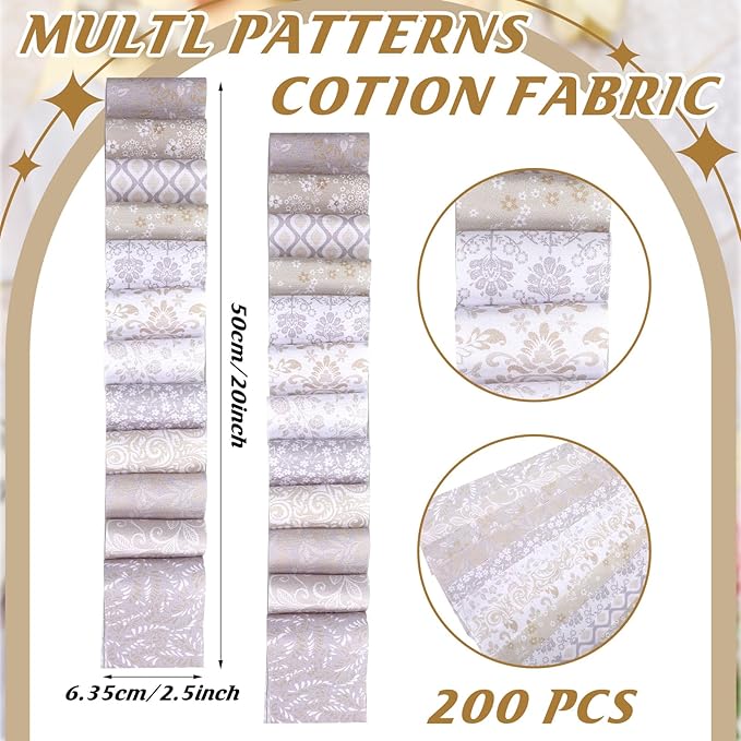 Ganeen 200 Pcs Cream Color Scheme Fabric Patchwork Roll 2.55 Inch Fabric Strips for Quilting Precut Cotton Patchwork for Quilting and Sewing DIY Crafts