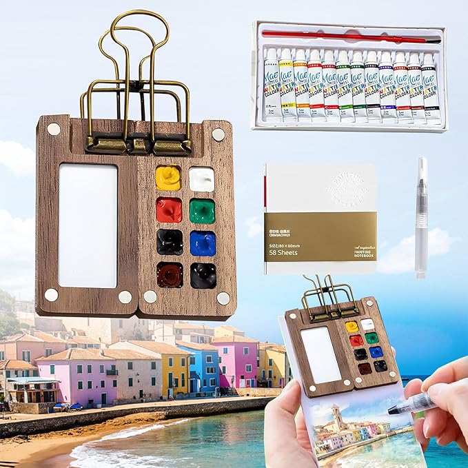 Mini Watercolor Travel Paint Set, Portable Travel Watercolour Kit with Wood 8 Grid Paint Palette, Watercolor Journal, Metal Clip, Multicolor Paint, Water Brush for Painters Artists Students&Beginners