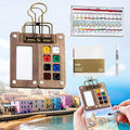 Mini Watercolor Travel Paint Set, Portable Travel Watercolour Kit with Wood 8 Grid Paint Palette, Watercolor Journal, Metal Clip, Multicolor Paint, Water Brush for Painters Artists Students&Beginners