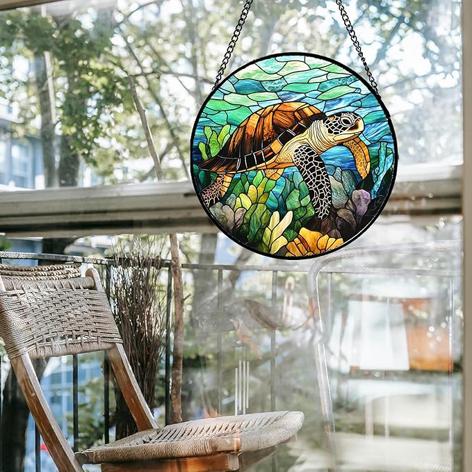 Stained Glass Window Hanging - Cute Sea Turtle Suncatcher for Door Garden Yard Blue Ocean Sun Catchers Decor Christmas Mother's Day Birthday Children's Gifts for Women Mom Nana Friend 9.8 in