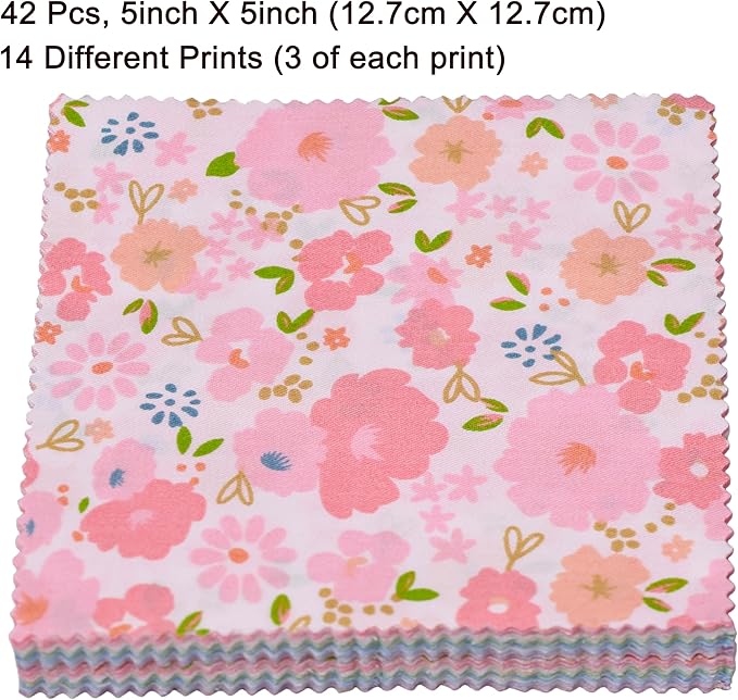 Hanjunzhao 42 5-inch Fabric Squares - Charm Packs for Quilting 5 inch - 5" Charm Quilt Squares - 5x5 Fabric Squares for Quilting, Sewing, Patchwork, and DIY Crafts, Sweet Garden
