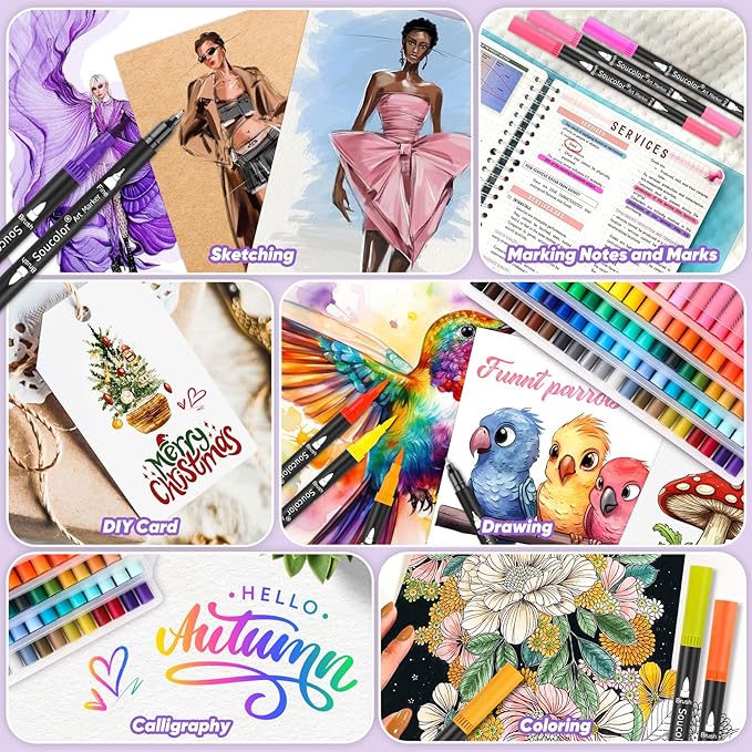 Soucolor Gifts for Women, Gift Baskets for Women Adult, 150 Colors Dual Tip Brush Markers for DIY Journal Kit Coloring Drawing Sketching, Sister Gifts Sets Box