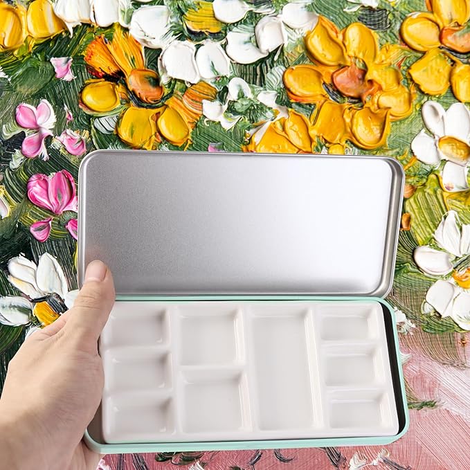 Travel Watercolor Palette, Portable Ceramic Palette 9 Well, Watercolor Palette with Lid, Empty Wet Palette Metal Paint Box with Porcelain Palettes(Green Box)