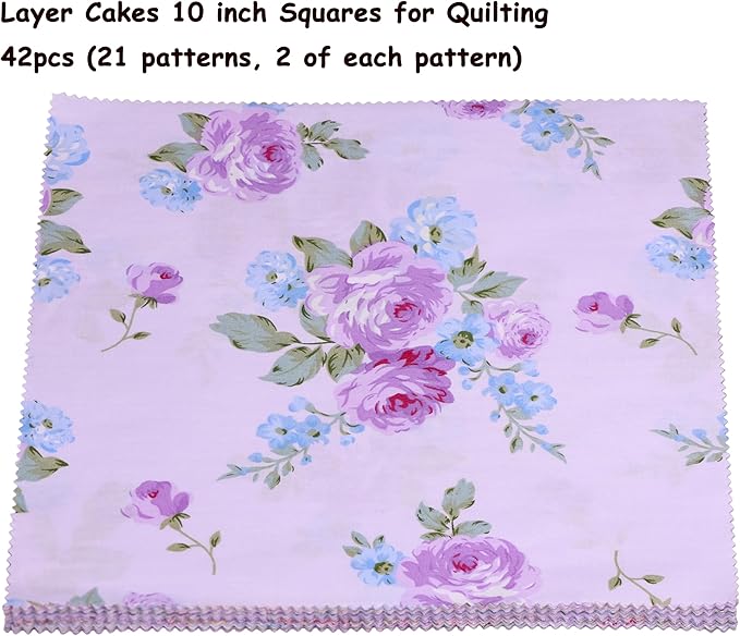 Hanjunzhao 42Pcs 10" Layer Cake Fabric, Pre-Cuts 10x10 inch Fabric Squares for Sewing, Quilting Supplies Cloth, Layer Cakes 10 inch Squares for Quilting - Purple
