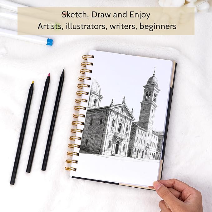 Yoment 5.5" x 8.5" Sketch Book Small Sketchbook for Drawing 100 Sheets Hardcover Spiral Sketch Pad for Kids(68lb/100gsm) Art Sketchbook Drawing Blank Paper Book for Beginners Artists with Pencil Black