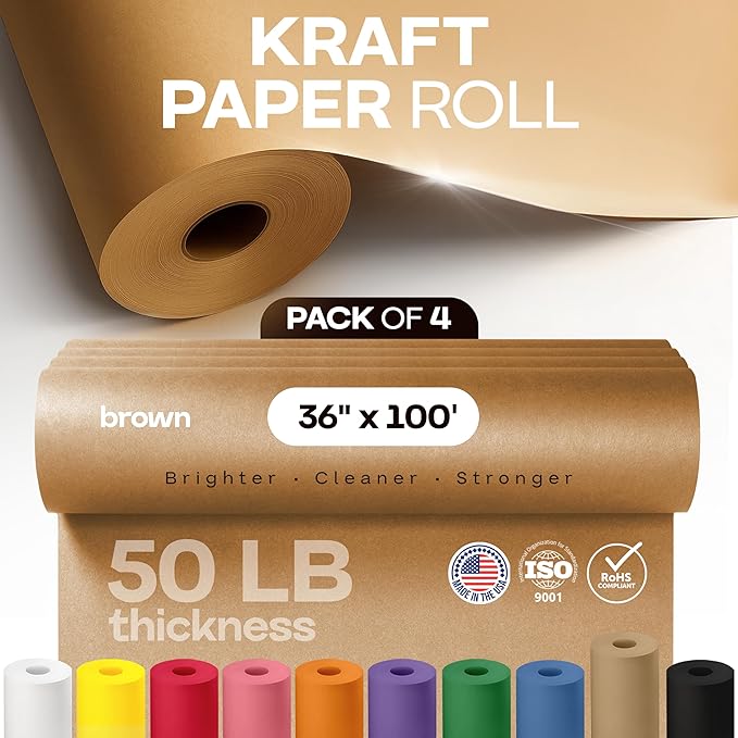 Brown Paper Rolls 36" x 1200" (100 feet), Pack of 4 - USA-Made Thick Kraft Paper Roll 50lb Thickness for Packing, Shipping, Crafts/Arts - 100% Recycled Natural Craft Wrapping Material by IDL Packaging