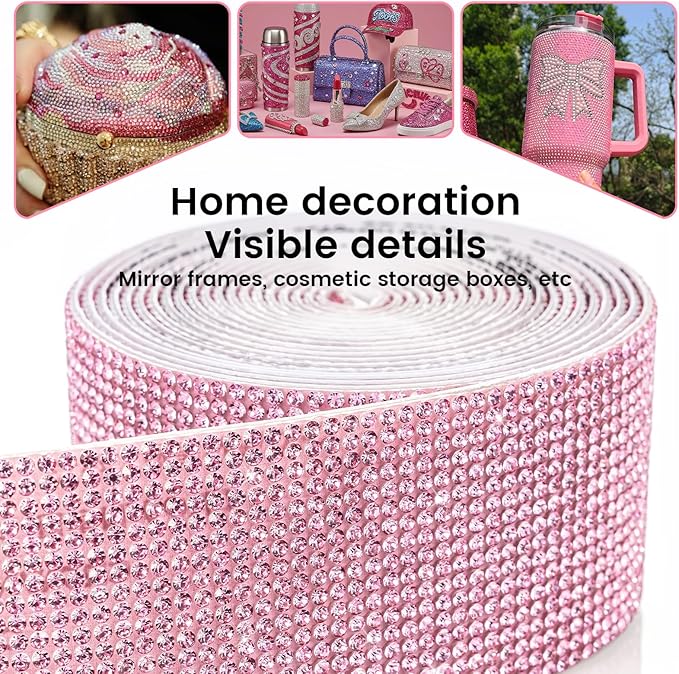 Novani Self Adhesive Rhinestone Ribbon, 1.53 Inch Wide 3 Yards 1 Roll, Pink Crystal Diamond Bling Strips for DIY Crafts, Home Decor, Clothing,Shoes, Car Decoration（Pink）