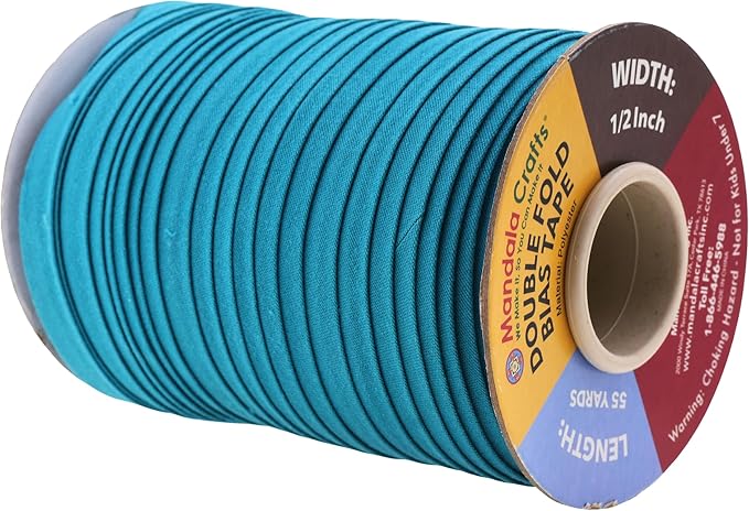 Mandala Crafts 55 Yards 1/2 Inch Teal Double Fold Bias Tape for Sewing - Bias Binding Tape for Quilting Binding, Hemming, Seam, and Fabric Piping